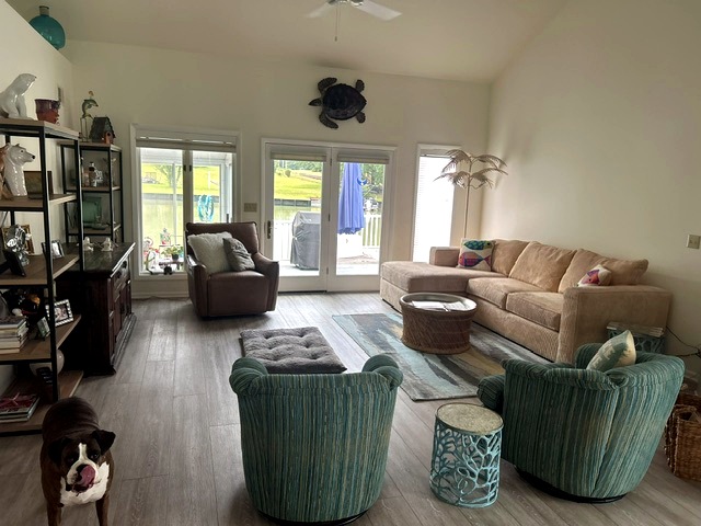 Comfortable living room with views toward the water